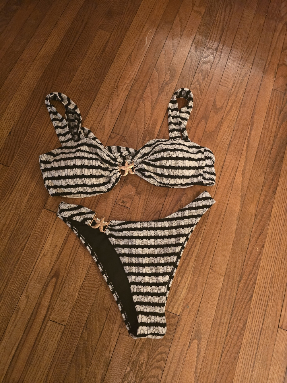 SHEIN Black and White Striped Bikini Set with Gold Accents